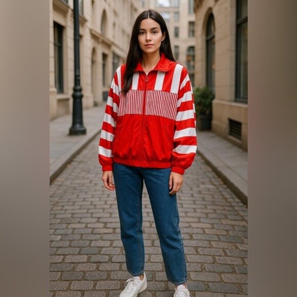 Vintage Red & White Striped Track Jacket Cospo Women’s Medium Oversized Dolman - Picture 1 of 11